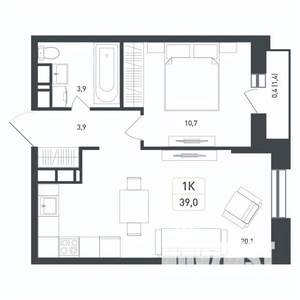 1-к квартира, вторичка, 39м2, 5/8 этаж