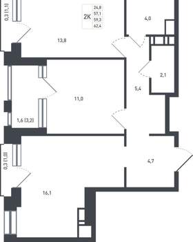 2-к квартира, вторичка, 59м2, 8/8 этаж