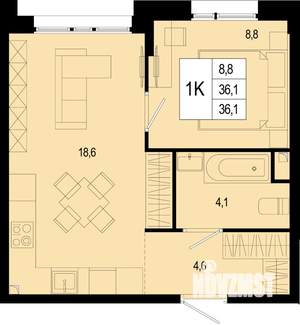 1-к квартира, строящийся дом, 36м2, 1/8 этаж