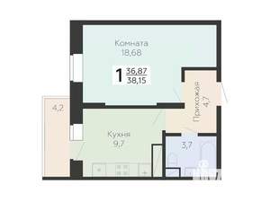 1-к квартира, строящийся дом, 38м2, 15/22 этаж