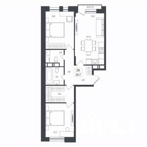 2-к квартира, строящийся дом, 61м2, 6/8 этаж
