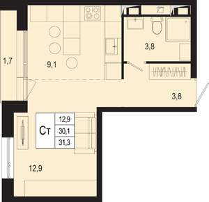 Студия квартира, строящийся дом, 30м2, 5/8 этаж