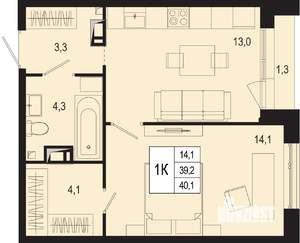 1-к квартира, строящийся дом, 39м2, 8/8 этаж