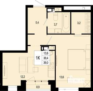 1-к квартира, строящийся дом, 38м2, 4/8 этаж