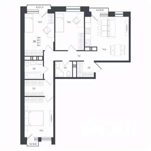 3-к квартира, строящийся дом, 82м2, 7/8 этаж