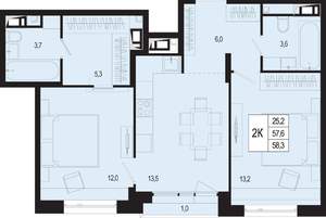2-к квартира, вторичка, 58м2, 7/8 этаж