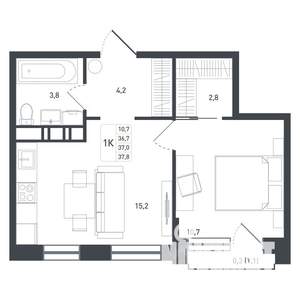 1-к квартира, строящийся дом, 38м2, 3/8 этаж