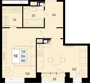 1-к квартира, вторичка, 38м2, 6/8 этаж