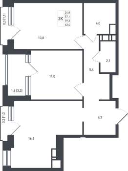 2-к квартира, вторичка, 62м2, 5/8 этаж