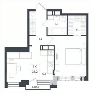 1-к квартира, вторичка, 38м2, 6/8 этаж