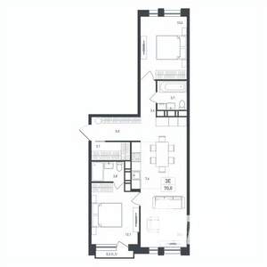 3-к квартира, строящийся дом, 70м2, 6/8 этаж