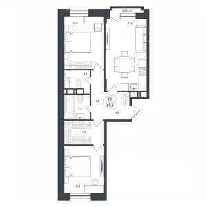 2-к квартира, строящийся дом, 61м2, 7/8 этаж