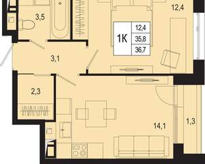1-к квартира, вторичка, 36м2, 4/8 этаж