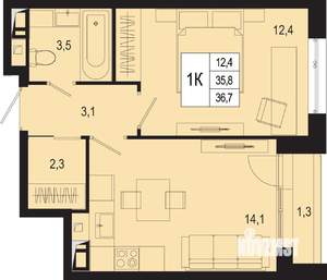 1-к квартира, вторичка, 36м2, 4/8 этаж