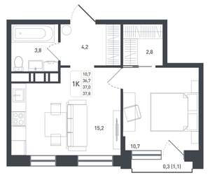 1-к квартира, вторичка, 38м2, 3/8 этаж