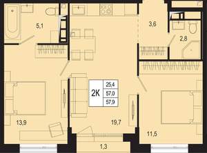 2-к квартира, вторичка, 57м2, 3/8 этаж