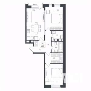 2-к квартира, строящийся дом, 61м2, 4/8 этаж