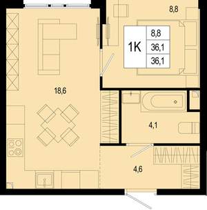 1-к квартира, вторичка, 36м2, 1/8 этаж