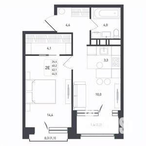 2-к квартира, строящийся дом, 42м2, 8/8 этаж
