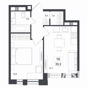 1-к квартира, строящийся дом, 35м2, 6/8 этаж