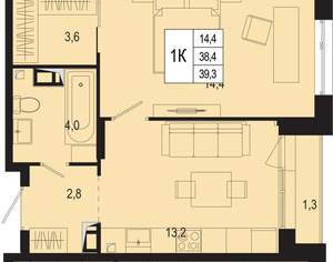 1-к квартира, вторичка, 38м2, 5/8 этаж