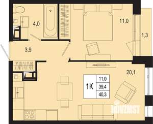 1-к квартира, строящийся дом, 39м2, 7/8 этаж