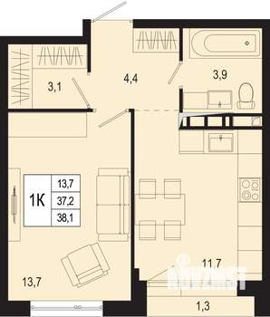 1-к квартира, вторичка, 37м2, 4/8 этаж