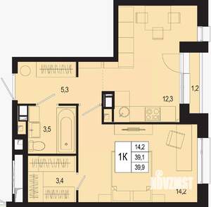 1-к квартира, строящийся дом, 39м2, 6/8 этаж