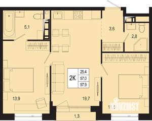 2-к квартира, вторичка, 57м2, 7/8 этаж