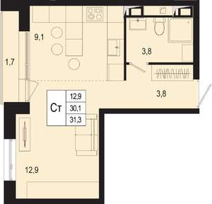 Студия квартира, строящийся дом, 30м2, 2/8 этаж