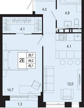 2-к квартира, вторичка, 44м2, 7/8 этаж