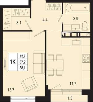 1-к квартира, вторичка, 37м2, 4/8 этаж
