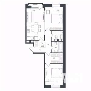 2-к квартира, строящийся дом, 61м2, 7/8 этаж