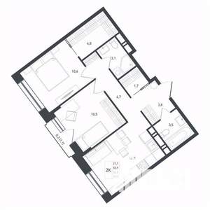2-к квартира, строящийся дом, 59м2, 7/8 этаж