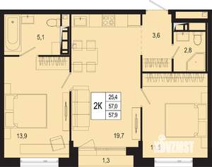 2-к квартира, вторичка, 57м2, 3/8 этаж