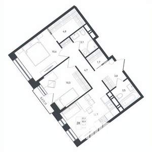 2-к квартира, строящийся дом, 56м2, 6/8 этаж
