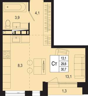Студия квартира, вторичка, 30м2, 6/8 этаж