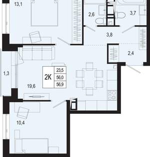 2-к квартира, вторичка, 56м2, 2/8 этаж