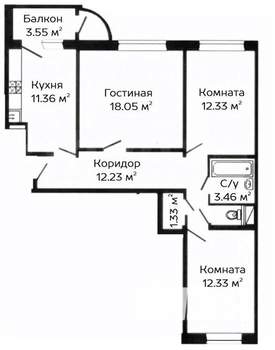 3-к квартира, вторичка, 71м2, 4/14 этаж