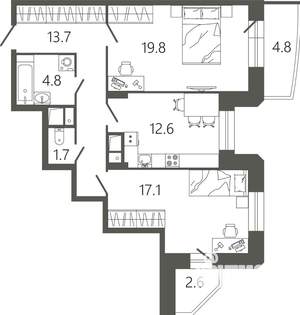 2-к квартира, вторичка, 72м2, 4/17 этаж
