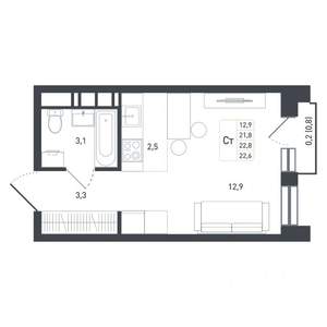 1-к квартира, строящийся дом, 23м2, 6/8 этаж