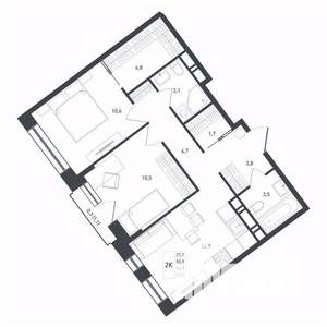 2-к квартира, строящийся дом, 56м2, 2/8 этаж
