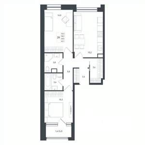 2-к квартира, строящийся дом, 64м2, 1/8 этаж