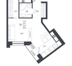 Студия квартира, вторичка, 29м2, 7/8 этаж