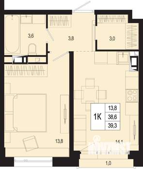 1-к квартира, строящийся дом, 39м2, 5/8 этаж