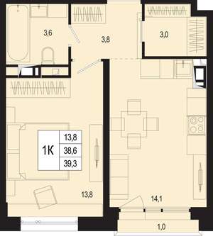 1-к квартира, вторичка, 39м2, 6/8 этаж