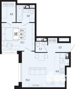 2-к квартира, строящийся дом, 45м2, 6/8 этаж