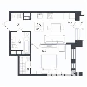 1-к квартира, строящийся дом, 36м2, 6/8 этаж