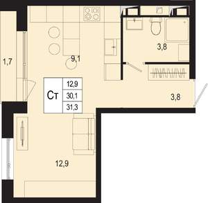 Студия квартира, строящийся дом, 30м2, 6/8 этаж