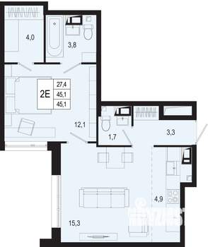 2-к квартира, строящийся дом, 45м2, 4/8 этаж